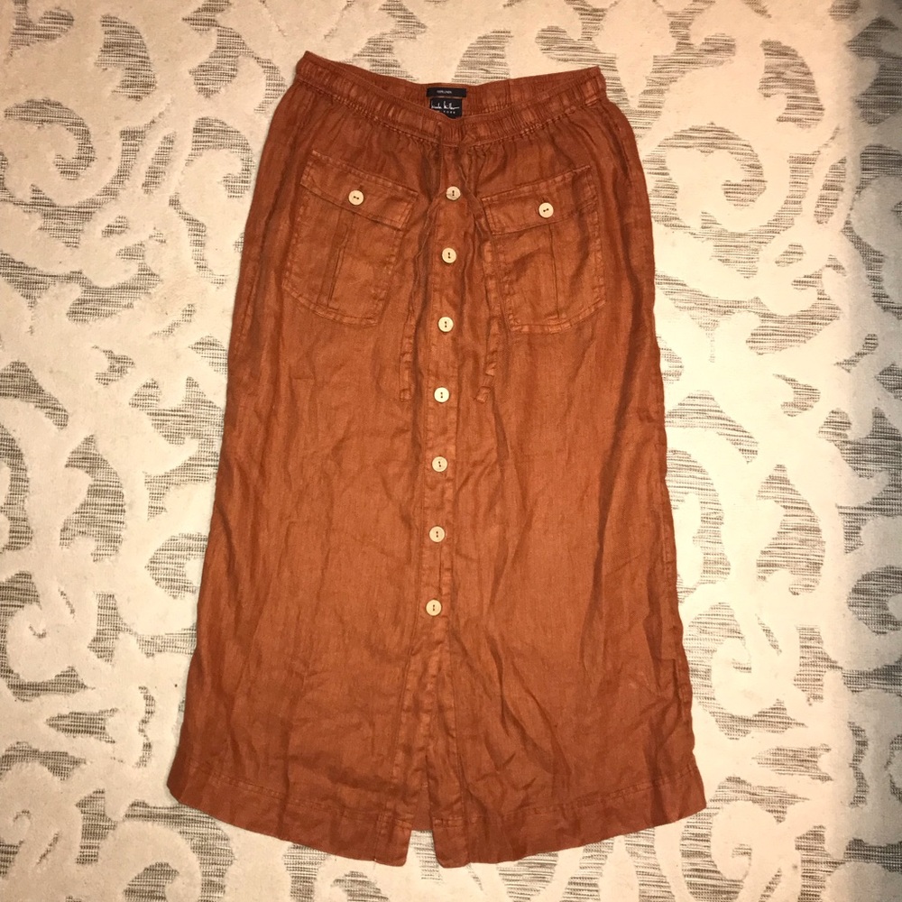 Nicole Miller NWOT Linen Modest Burnt Orange Midi Skirt Womens Size Large